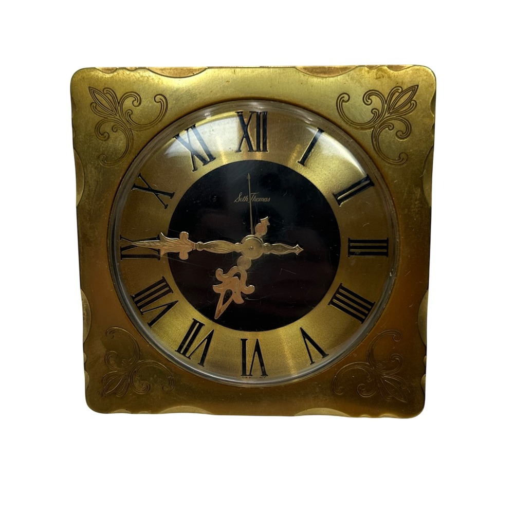Vintage Seth Thomas Square Brass Clock Engraved Roman Numeral Germany Wind Up